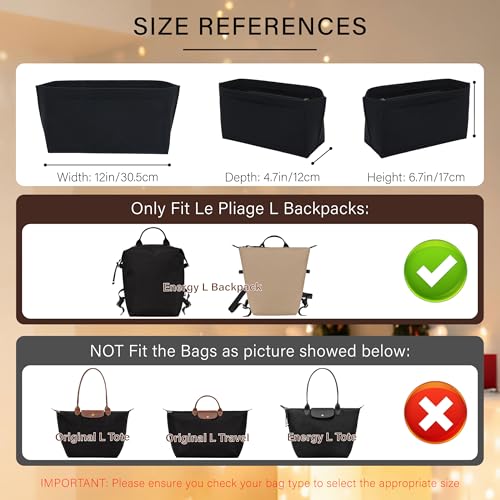 Purse Organizer Insert for Longchamp Le Pliage L Backpack, Felt Lightweight Long Champ Large Backpack Divider Shaper with Cup Holder,Zipper Bags Inner Linner with 8 Deepened Pockets,L/Black - color: Black, size: L Backpack