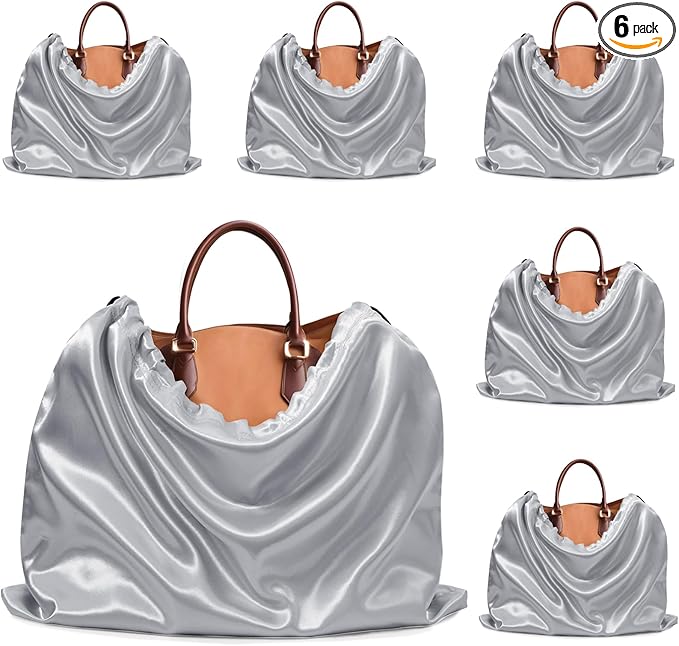 Ersmak 6 Pack Dust Bags for Handbags - Grey Silk Dust Cover Bag for Purses Shoes - Satin Drawstring Dustproof Bags for Travel Storage - 23.6 x 19.7 In